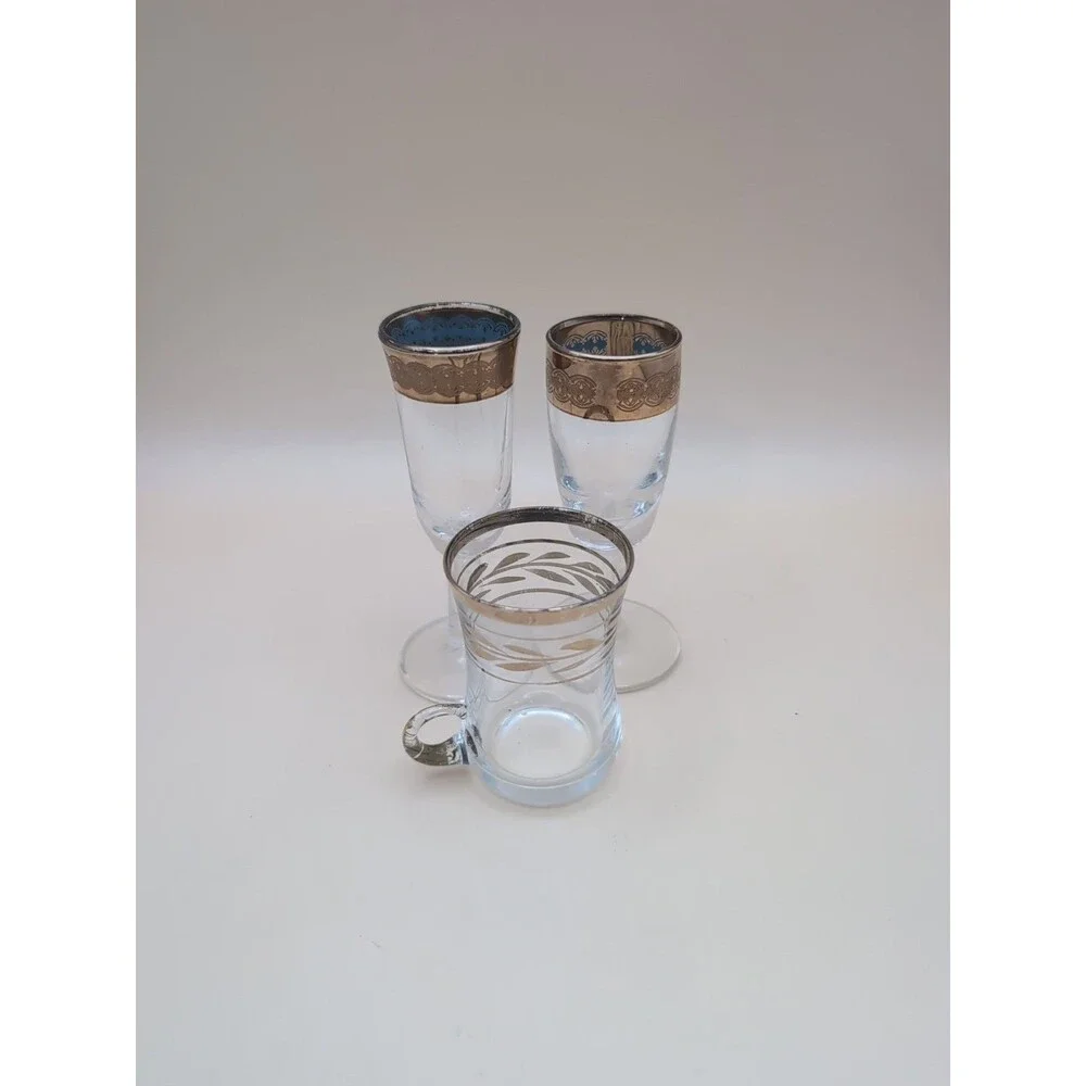 Vintage Gold-Rimmed Cordial Liqueur Glasses Moroccan Pair Aqua Inside Lot 3